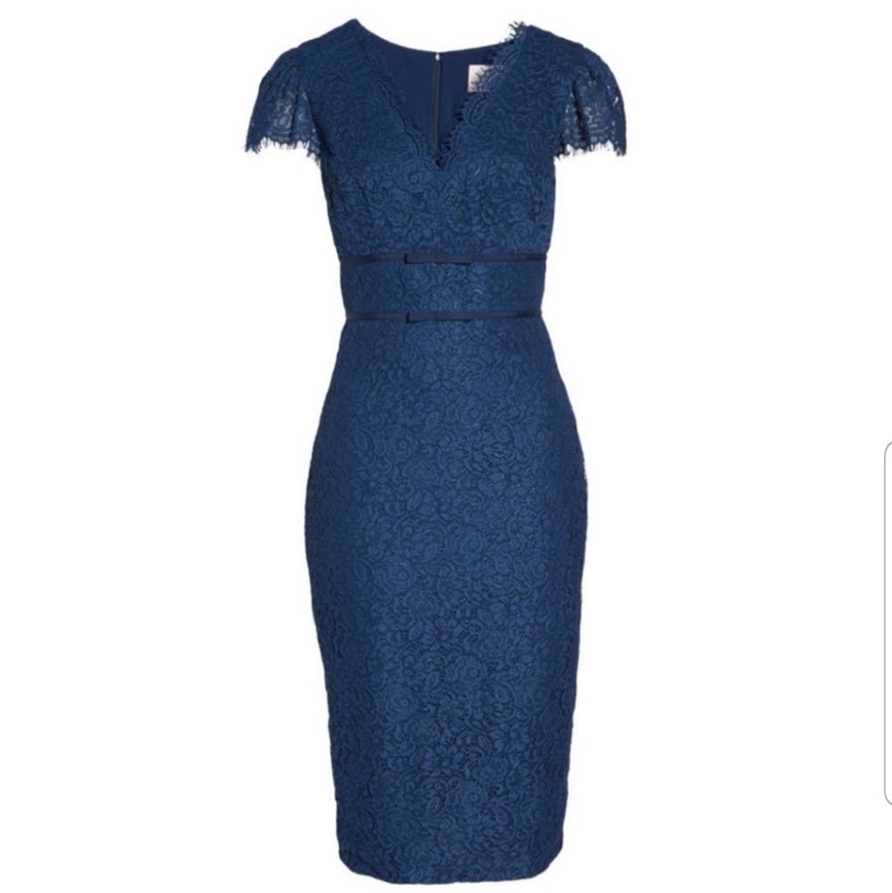 Gal Meets Glam Collection Navy Blue Lace Midi Sheath Dress